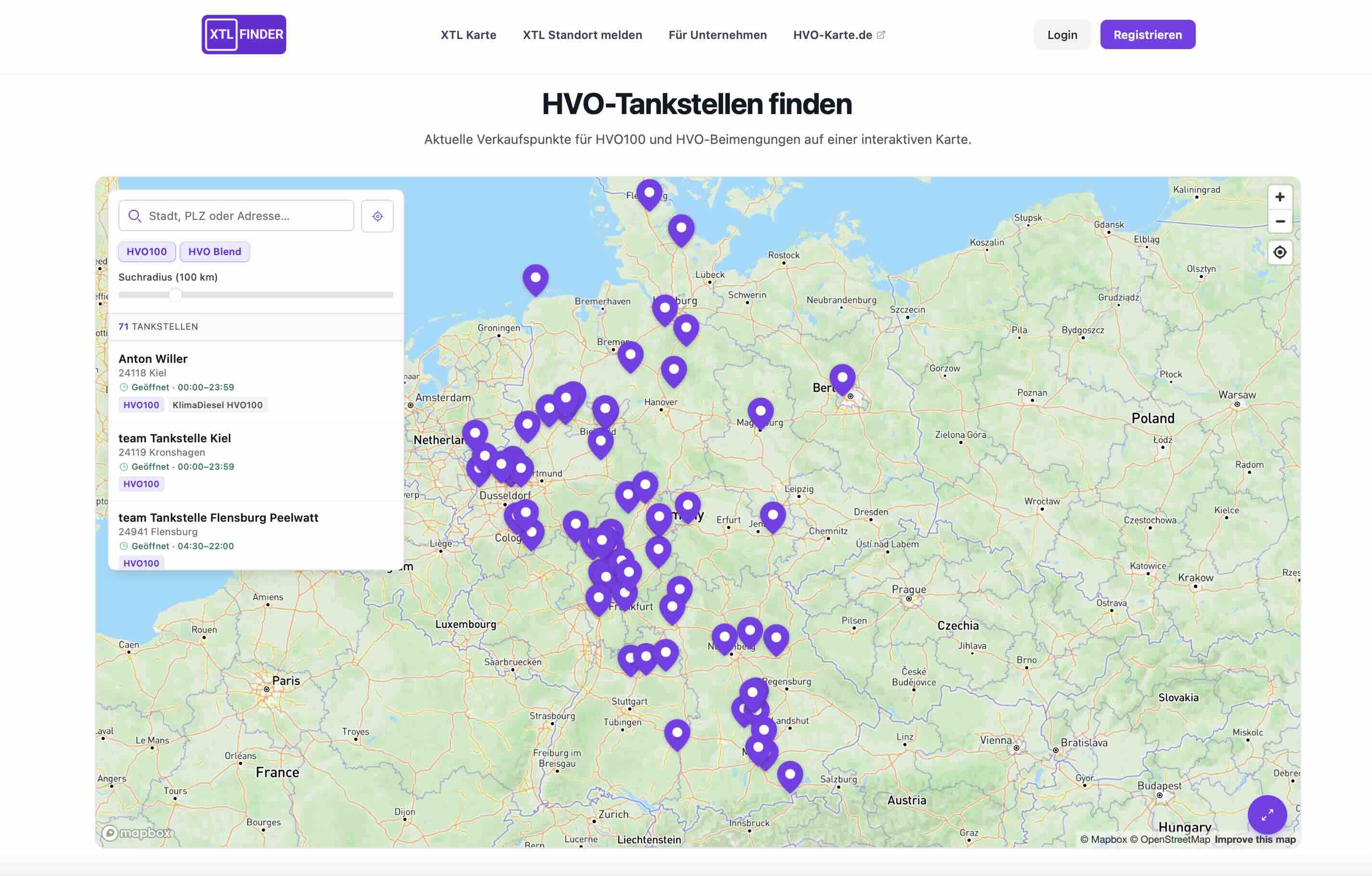 Vorschau der HVO-Tankstellen-Karte